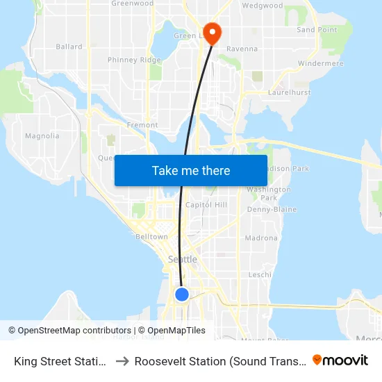 King Street Station to Roosevelt Station (Sound Transit) map