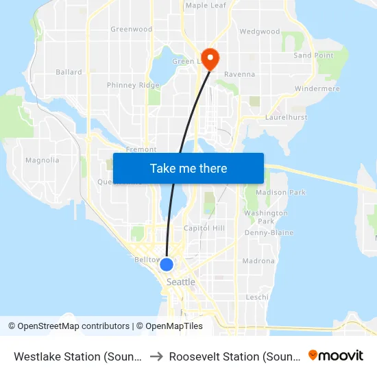 Westlake Station (Sound Transit) to Roosevelt Station (Sound Transit) map
