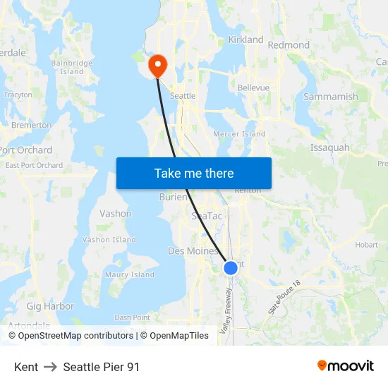 Kent to Seattle Pier 91 map
