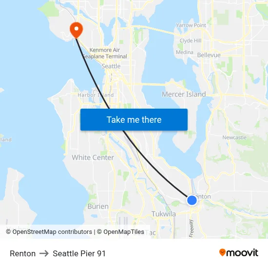 Renton to Seattle Pier 91 map