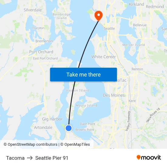 Tacoma to Seattle Pier 91 map