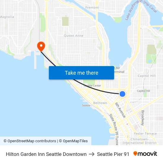 Hilton Garden Inn Seattle Downtown, 1821 Boren Ave to Seattle Pier 91 map