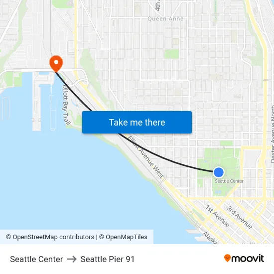 Seattle Center to Seattle Pier 91 map