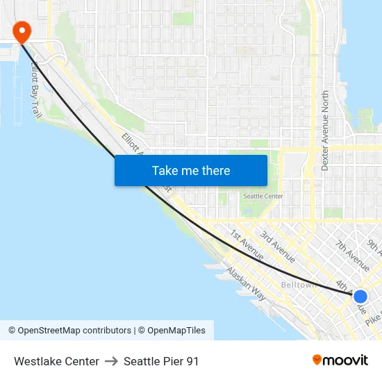 Westlake Center to Seattle Pier 91 map