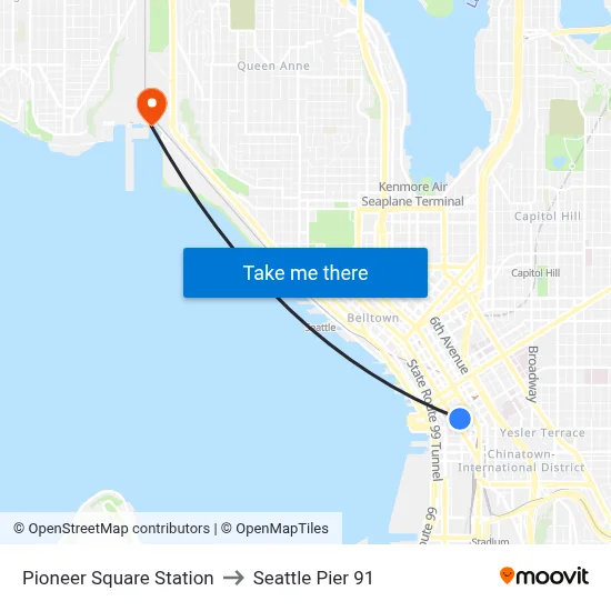 Pioneer Square Station to Seattle Pier 91 map