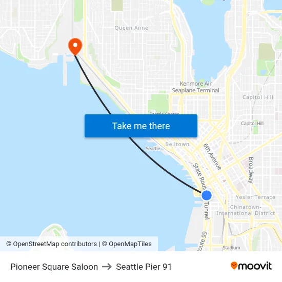 Pioneer Square Saloon to Seattle Pier 91 map