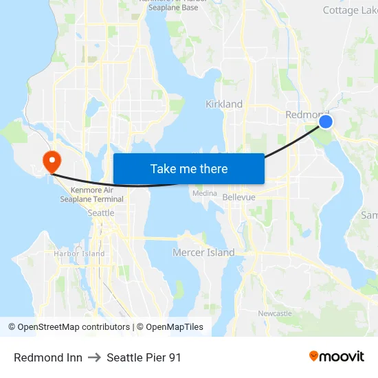 Redmond Inn to Seattle Pier 91 map