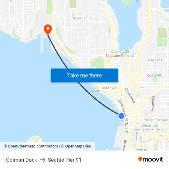 Colman Dock to Seattle Pier 91 map