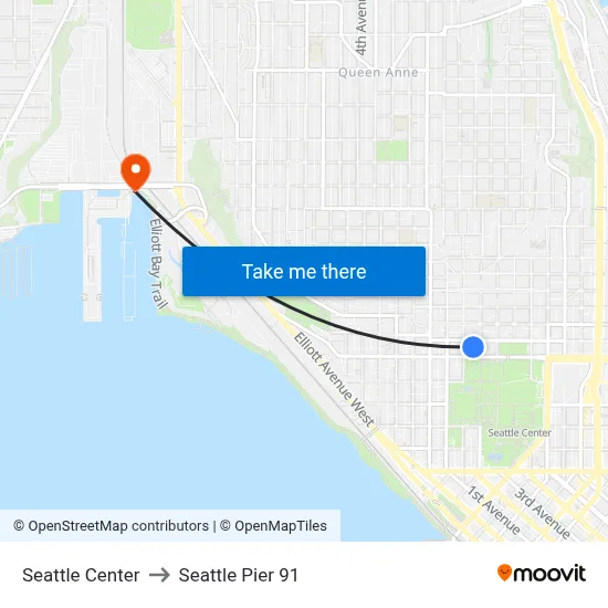 Seattle Center to Seattle Pier 91 map