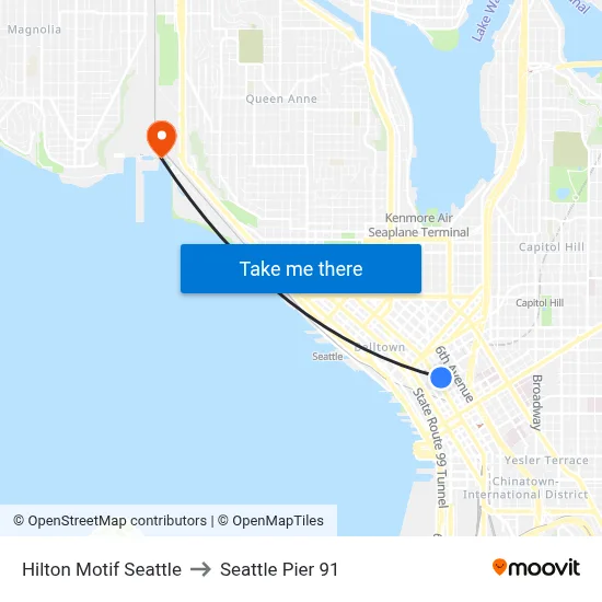 Hilton Motif Seattle to Seattle Pier 91 map