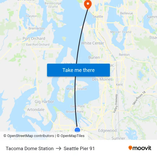 Tacoma Dome Station to Seattle Pier 91 map