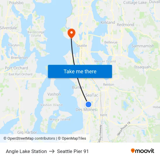 Angle Lake Station to Seattle Pier 91 map
