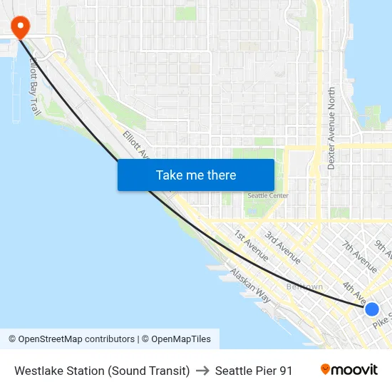 Westlake Station (Sound Transit) to Seattle Pier 91 map