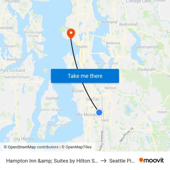 Hampton Inn &amp; Suites by Hilton Seattle/Kent to Seattle Pier 91 map