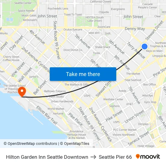 Hilton Garden Inn Seattle Downtown, 1821 Boren Ave to Seattle Pier 66 map