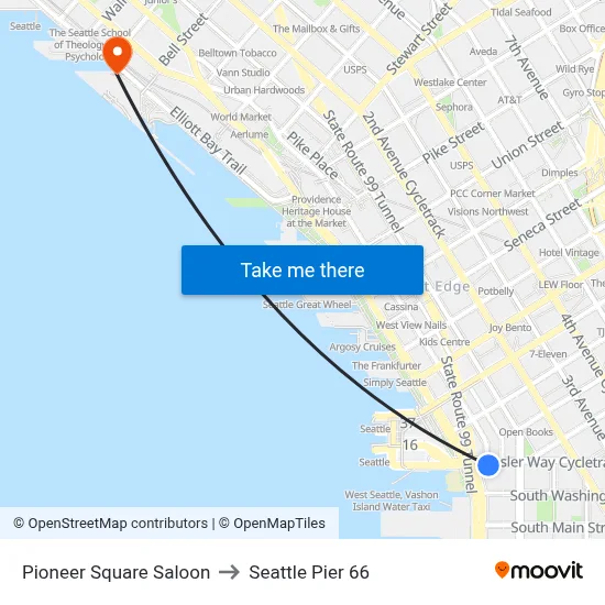 Pioneer Square Saloon to Seattle Pier 66 map