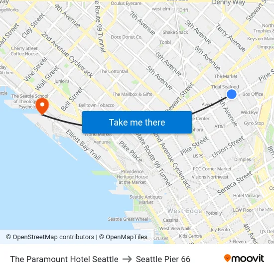 The Paramount Hotel Seattle to Seattle Pier 66 map