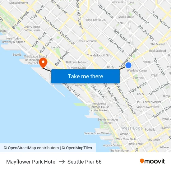 Mayflower Park Hotel to Seattle Pier 66 map