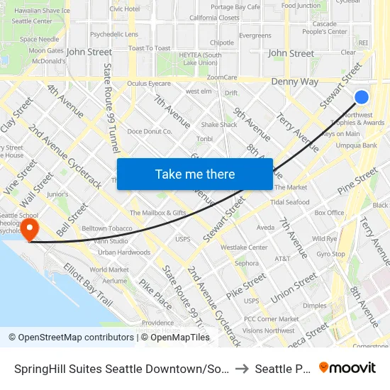 SpringHill Suites Seattle Downtown/South Lake Union to Seattle Pier 66 map