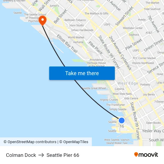 Colman Dock to Seattle Pier 66 map