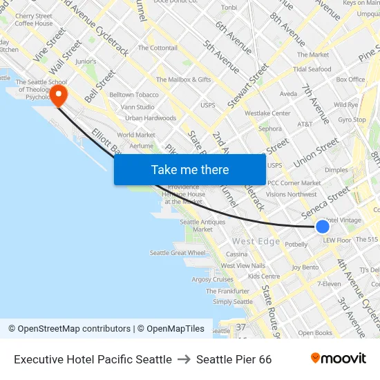 Executive Hotel Pacific Seattle to Seattle Pier 66 map