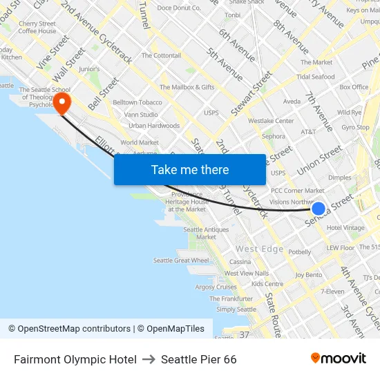 Fairmont Olympic Hotel to Seattle Pier 66 map