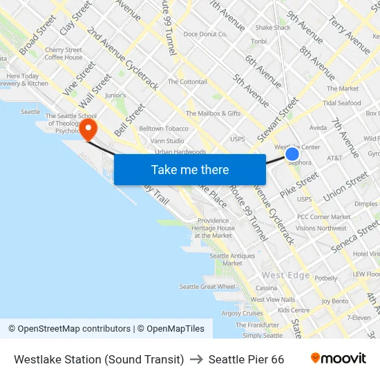 Westlake Station (Sound Transit) to Seattle Pier 66 map