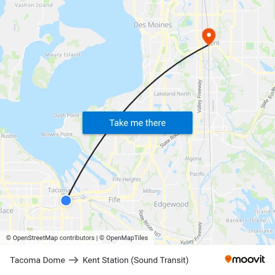 Tacoma Dome to Kent Station (Sound Transit) map