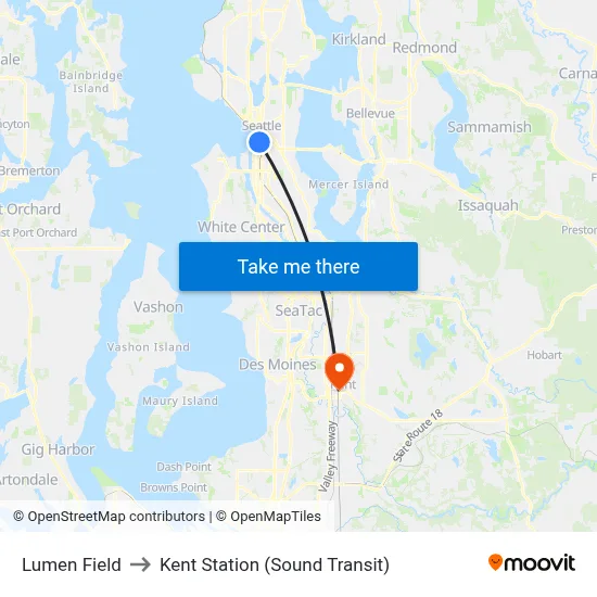 Lumen Field to Kent Station (Sound Transit) map
