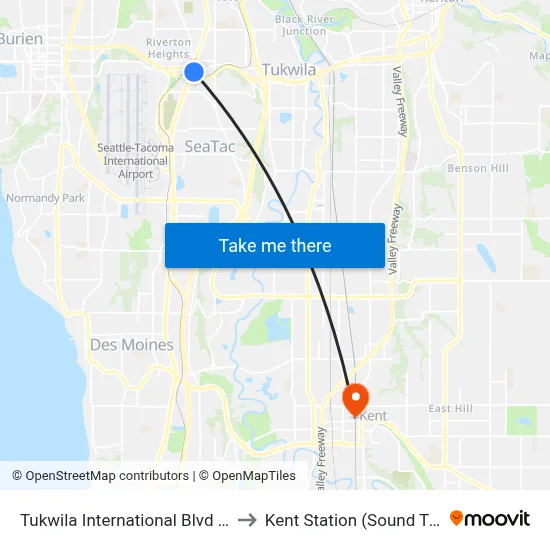 Tukwila International Blvd Station to Kent Station (Sound Transit) map