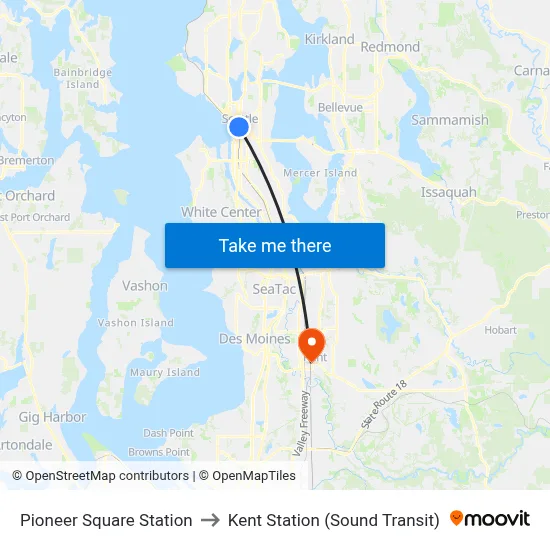 Pioneer Square Station to Kent Station (Sound Transit) map