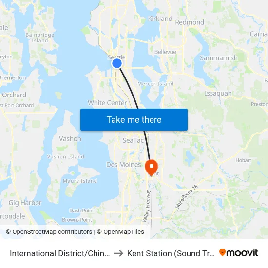 International District/Chinatown to Kent Station (Sound Transit) map