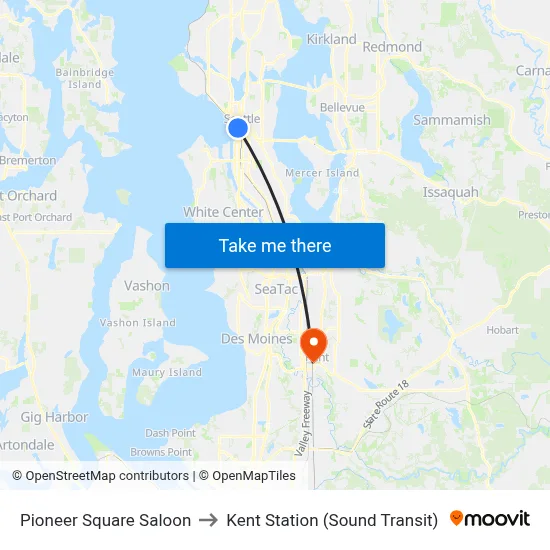 Pioneer Square Saloon to Kent Station (Sound Transit) map