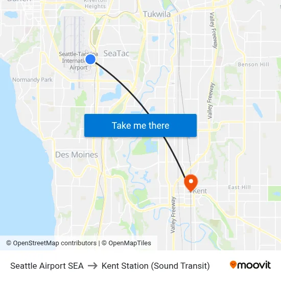 Seattle Airport SEA to Kent Station (Sound Transit) map
