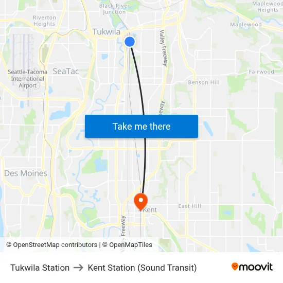 Tukwila Station to Kent Station (Sound Transit) map