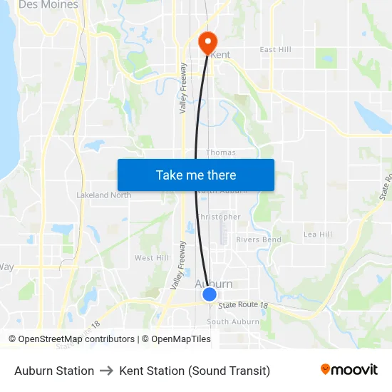 Auburn Station to Kent Station (Sound Transit) map