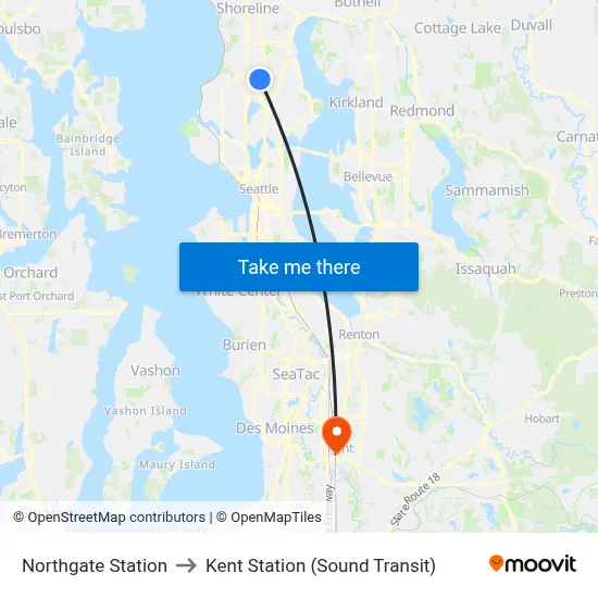 Northgate Station to Kent Station (Sound Transit) map