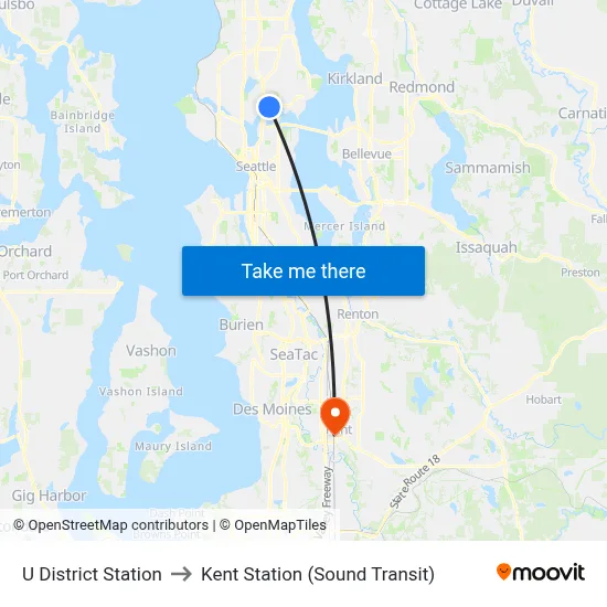 U District Station to Kent Station (Sound Transit) map