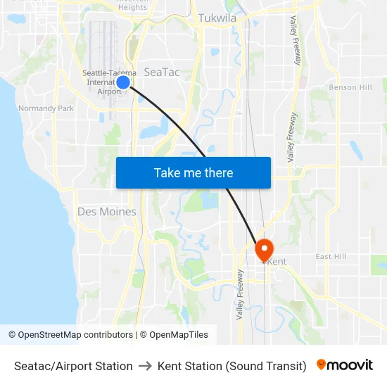 Seatac/Airport Station to Kent Station (Sound Transit) map