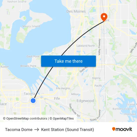 Tacoma Dome to Kent Station (Sound Transit) map