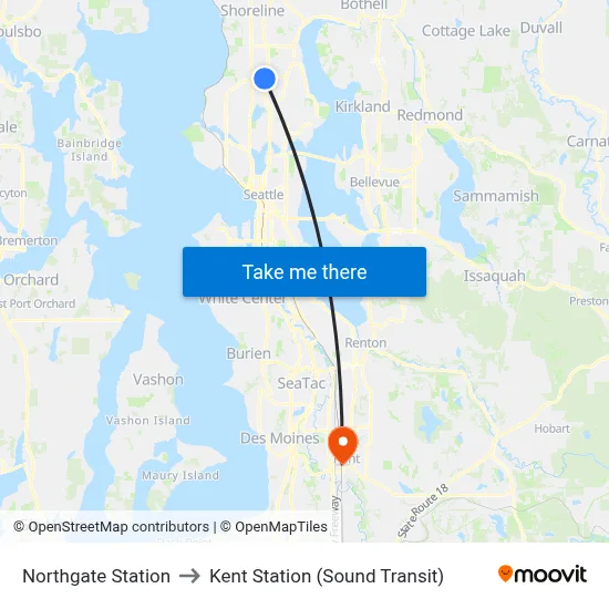 Northgate Station to Kent Station (Sound Transit) map