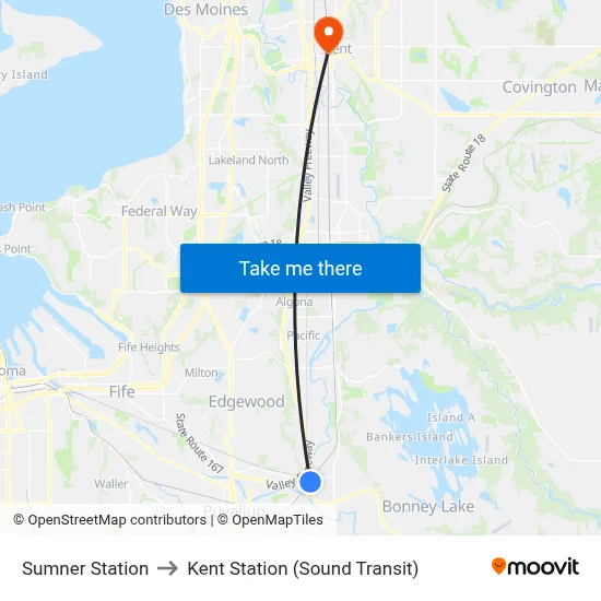 Sumner Station to Kent Station (Sound Transit) map