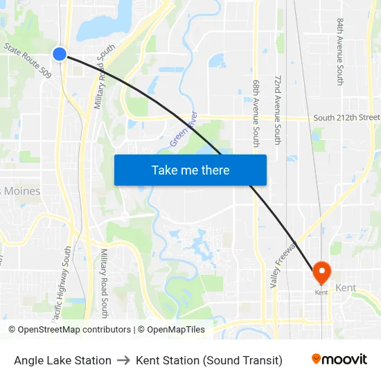 Angle Lake Station to Kent Station (Sound Transit) map