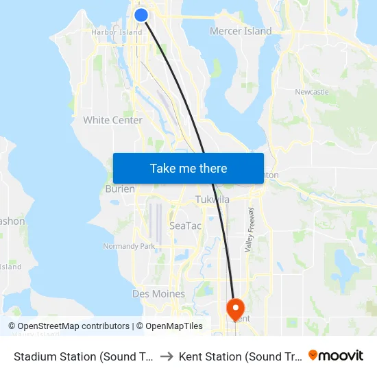 Stadium Station (Sound Transit) to Kent Station (Sound Transit) map