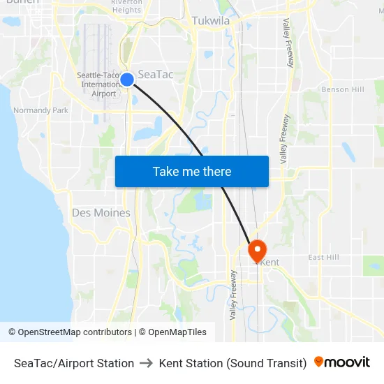 SeaTac/Airport Station to Kent Station (Sound Transit) map