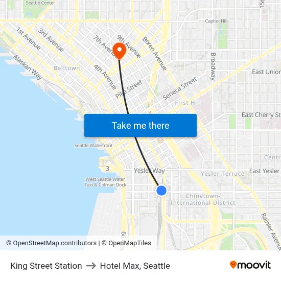 King Street Station to Hotel Max, Seattle map