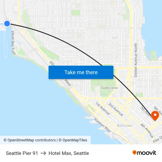 Seattle Pier 91 to Hotel Max, Seattle map