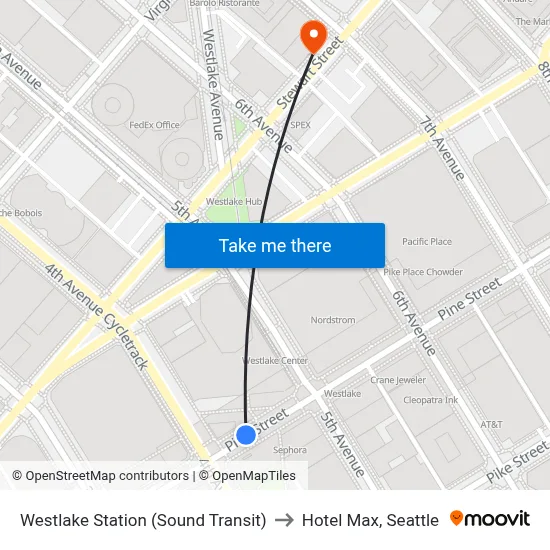 Westlake Station (Sound Transit) to Hotel Max, Seattle map