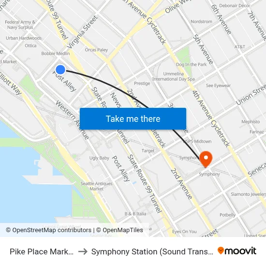 Pike Place Market to Symphony Station (Sound Transit) map
