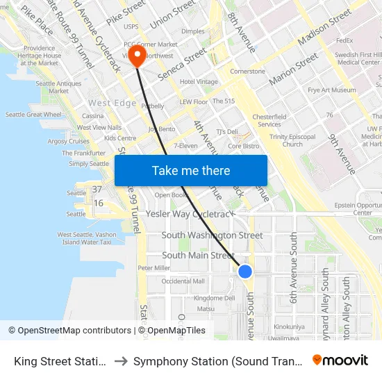 King Street Station to Symphony Station (Sound Transit) map